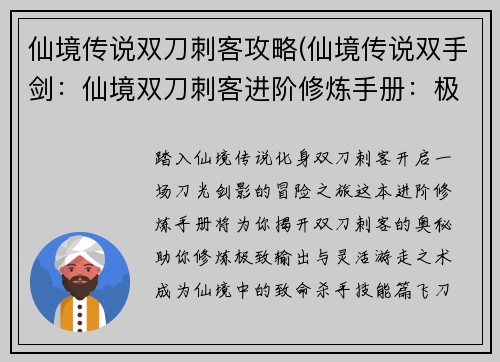 仙境传说双刀刺客攻略(仙境传说双手剑：仙境双刀刺客进阶修炼手册：极致输出与灵活游走)